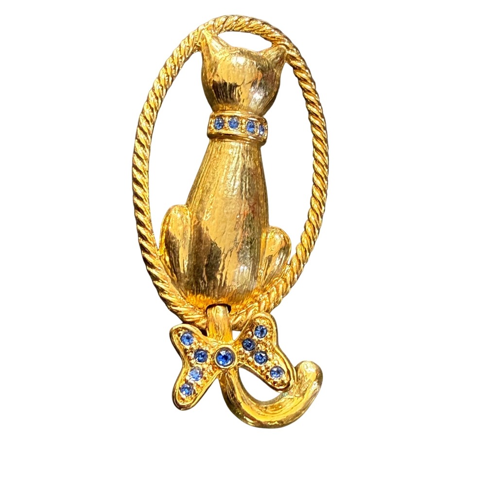ALI Gold‎ Cat Brooch Pin Rhinestone Collar Bow Vintage Feline Jewelry